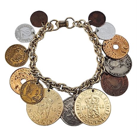 Signed Coro Foreign Coins Charms Bracelet