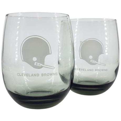 Vintage Cleveland Browns NFL Smoke Glass Double Rocks Glass Tumblers