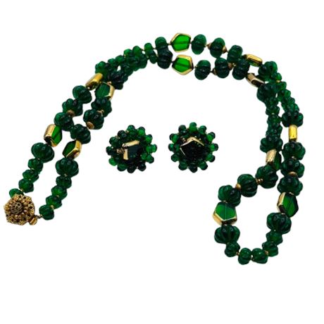 Beautiful Miriam Haskell Green Melon Glass Necklace & Earrings