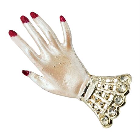 Vintage Victorian Revival Enameled Hand Brooch w/ Rhinestone Cuff