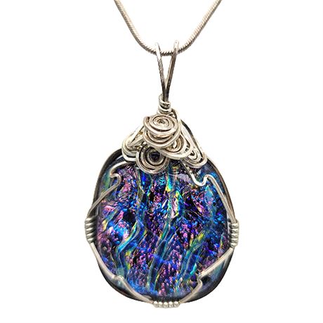 Artisan Made Wire Wrapped Dichroic Glass Pendant Necklace
