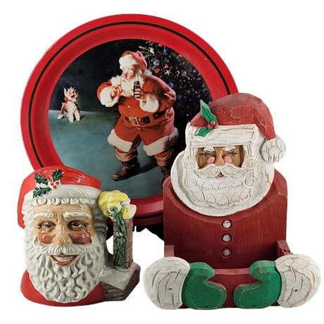 "When Friends Drop In" Coca-Cola Tray / Santa Claus Toby Mug & Wooden Santa