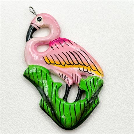 Vintage Hand-Painted Wooden Flamingo Pendant