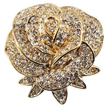 Vintage Gold Tone Pave Rhinestone Rose Brooch