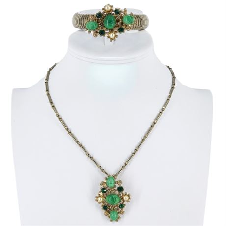 Vintage Faux Pearl, Rhinestone, & Marbled Plastic Necklace & Bracelet Set