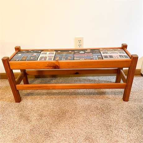 Vintage Rustic Pine Bench with Cross Stitched Decorative Seat
