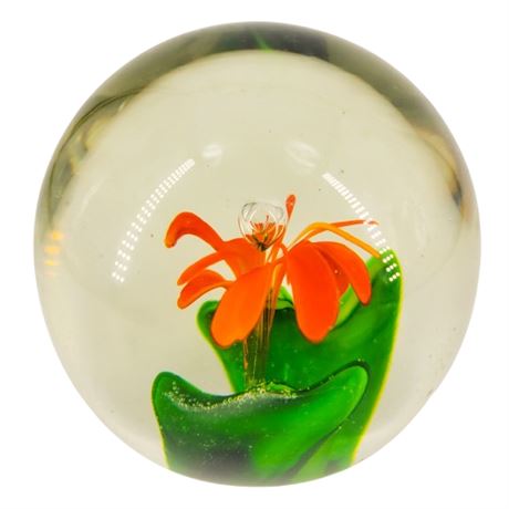 Art Glass Orange Flower Round Paperweight
