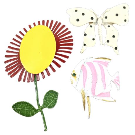 Vintage Statement Nature Brooch Trio - Bold Flower, Butterfly, and Fish