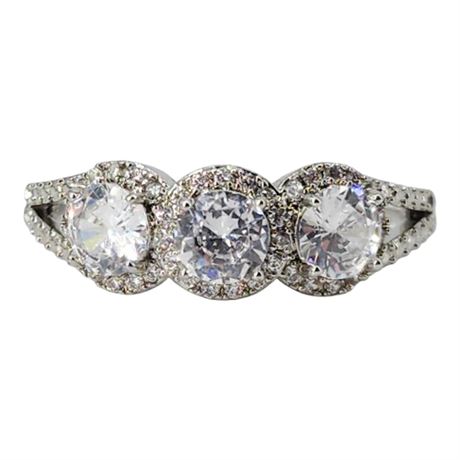 Modern Sterling Silver Triple Halo CZ Ring, Sz 9.75