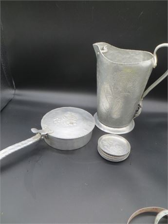 Hammered Aluminum Pitcher, Silent Butler Crumb/Ash Collector & Coasters