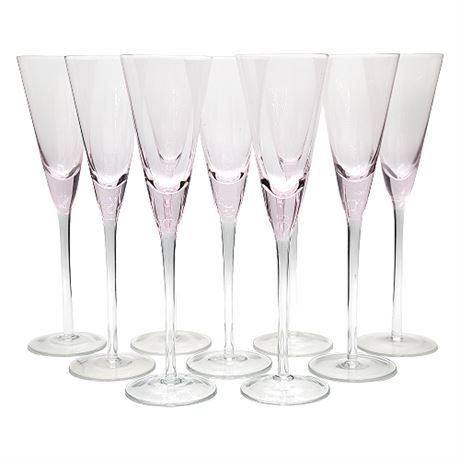 Tall Hand Blown Pale Pink Champagne Flutes, Lot of 9