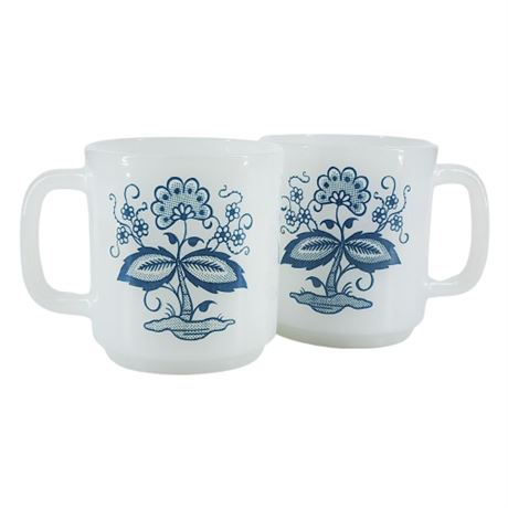 Pair Vintage GLASBAKE "Blue Onion" Milk Glass Coffee Mugs