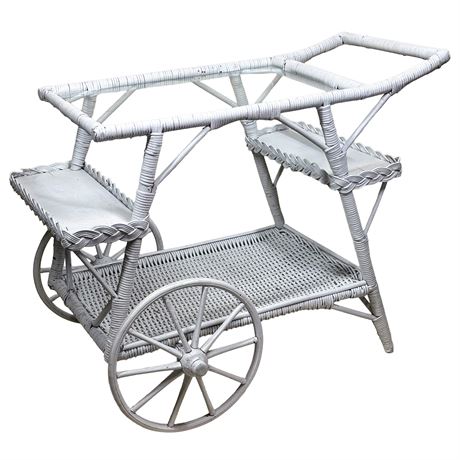 Vintage Wicker Tea or Bar Cart with Glass Top