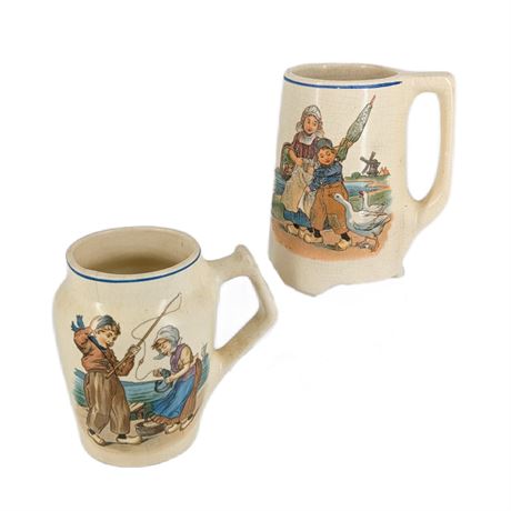 Pair Antique Roseville Pottery Dutch Children by the Sea Mugs Fishing Ducks
