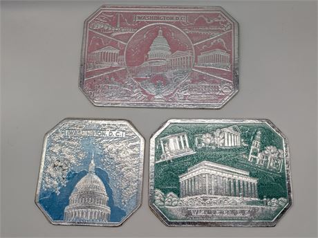 Set 3 Vintage Washington DC Embossed Silver Foil Souvenir Hot Pad Mat Trivet