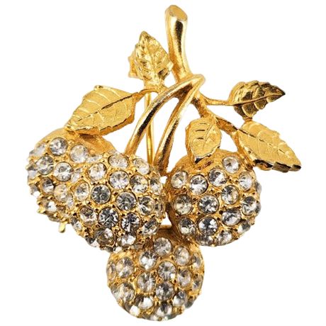 Vintage Pave Rhinestone Cherries Brooch