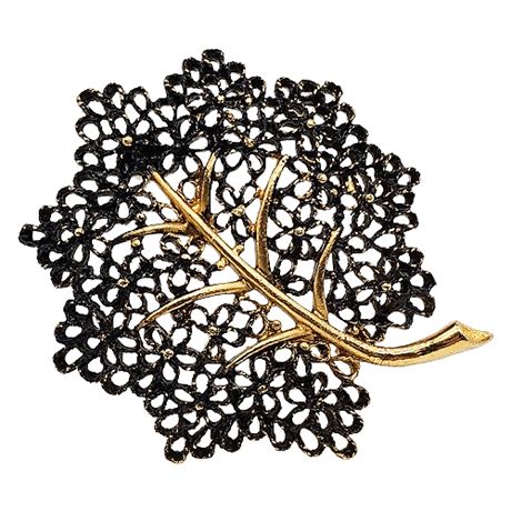 Vintage MAMSELLE Gold Tone Black Enamel Leaf Brooch