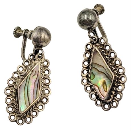 Sterling Silver Dangle Screw-Back Earrings with Abalone Inlay