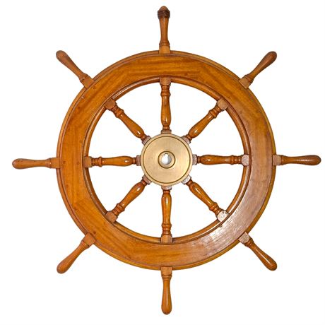 Vintage Solid Wood and Brass Authentic Ship's Wheel