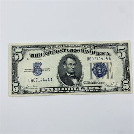 1934D $5 Silver Certificate
