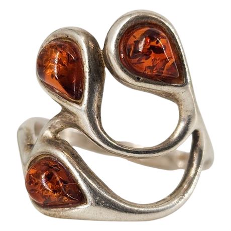 Sterling Silver Amber Drops Ring, Sz 5.5