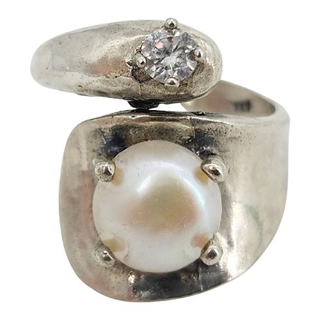 Vtg Hammered Sterling Silver Freshwater Pearl & CZ Bypass Ring, Sz 7.75