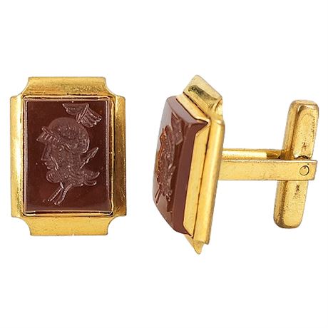 Vintage Faux Carnelian Intaglio Roman Soldier Cufflinks