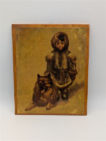 Vintage Decoupage Picture Print Inuit Child and Dog on Wood Board
