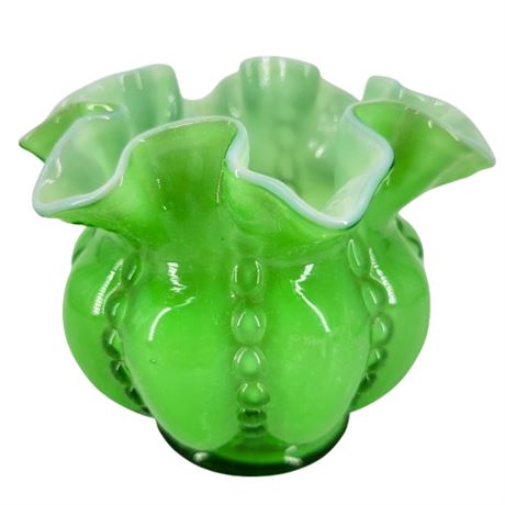Vintage Fenton Art Glass Ivy Green Beaded Melon Double Ruffle Vase