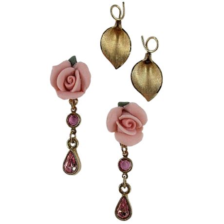 Lot 2 Pairs of Earrings ~ Porcelain Roses & Gold Tone Fronds