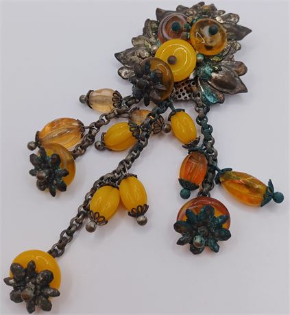 INCREDIBLE Czech butterscotch dangle chandelier glass bead scarf clip
