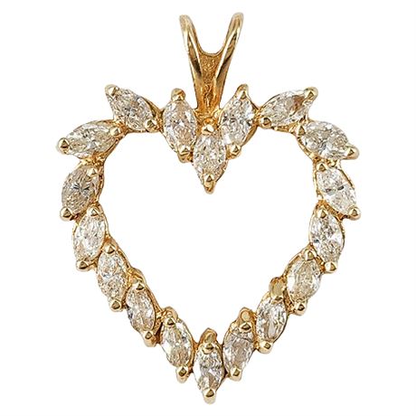 Signed 14K Gold Marquise Cut Diamonds Heart Pendant
