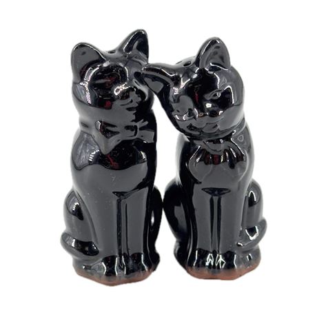 Vintage Redware Stoneware Black Cat Salt & Pepper Shakers