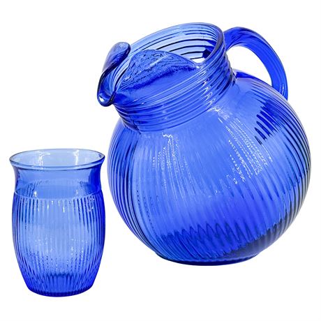 Vintage Hazel Atlas Fine Rib Tilt Pitcher with Matching Juice Glass