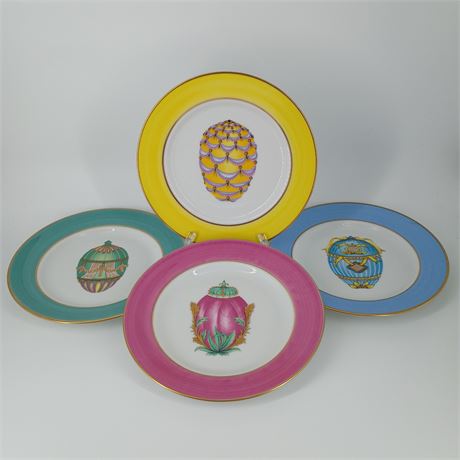 Set of 4 Limoges Porcelain Plates – Fabergé Egg Motifs, Multicolor Borders