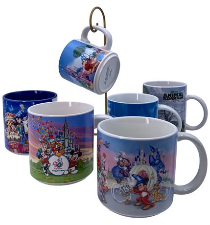 6 Disney World Souvenir Character Coffee/Tea Mugs & Mickey Stand