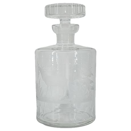 Vintage Etched Glass Decanter – Stag & Forest Scene, Coin-Edge Stopper