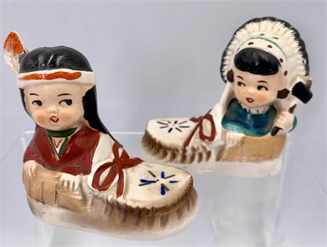 Vintage Native American Indian Children Porcelain Salt & Pepper Shakers