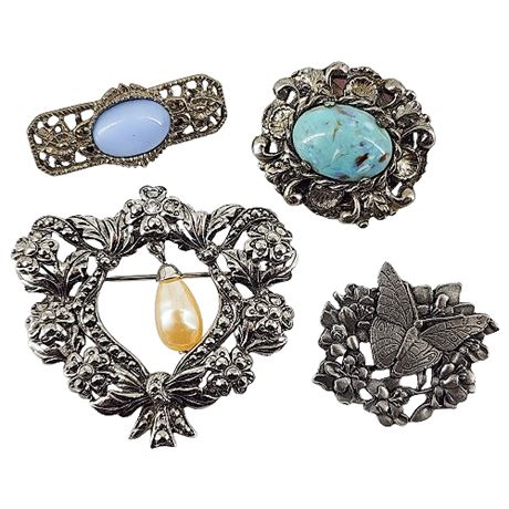 Four Vintage Silver Tone Brooches, incl. Birds & Blooms
