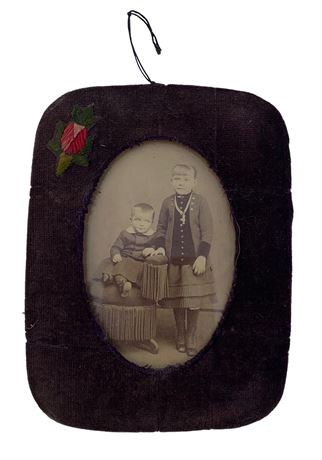 Antique Victorian era Silk Velvet Rose Embroidered Cabinet Card Frame