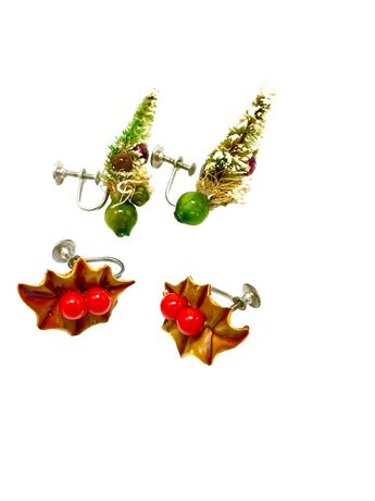 Vtg Holiday Screw Back Earrings - 2 Pairs