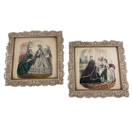 Pair of Victorian Art Prints in Lace Frames