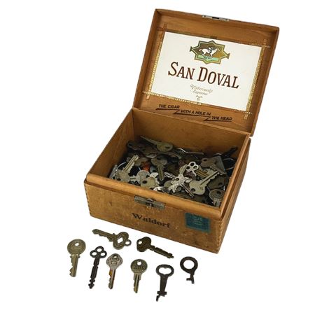 Wooden Cigar Box Filled with Cool Vintage Keys