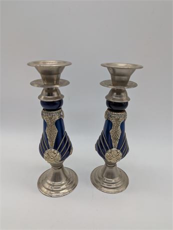 Moroccan Blue Silver Tone Metal Candle Holders