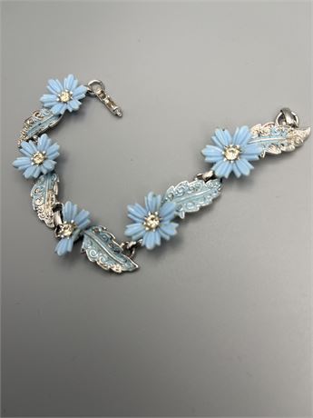 Signed, Coro blue plastic with rhinestone flower and leaf bracelet