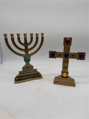 Vintage 7-Branch Brass Menorah Cross