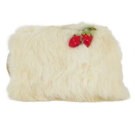 Vintage Faux Fur Hand Muff Hand Warmer Ivory w Strawberry Appliqué and Strap