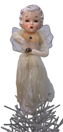 6 1/2” 1950s Porcelain, Chenille & Cream Gauze Angel Tree Topper