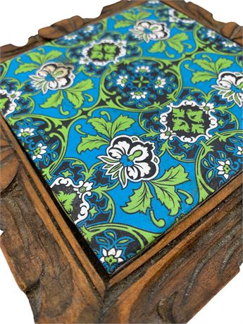 1970s Dal-Tile Monterey Mexico Folk Art Painted Pottery & Wood Trivet