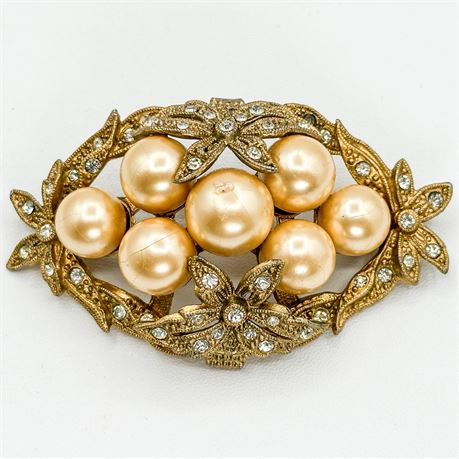 Vintage Gold Tone, Faux Pearl & Rhinestone Brooch